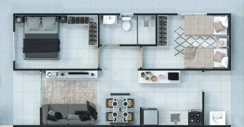 Planta humanizada da casa de 2 quartos do Zapponi Alvorada V